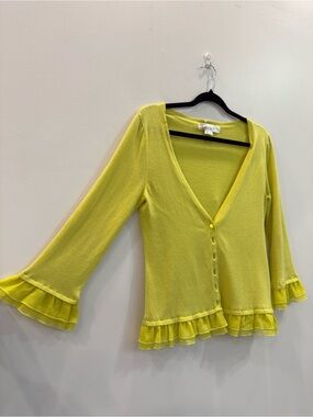 mac & jac Bright Yellow Ruffle-Hem V-Neck Cardigan